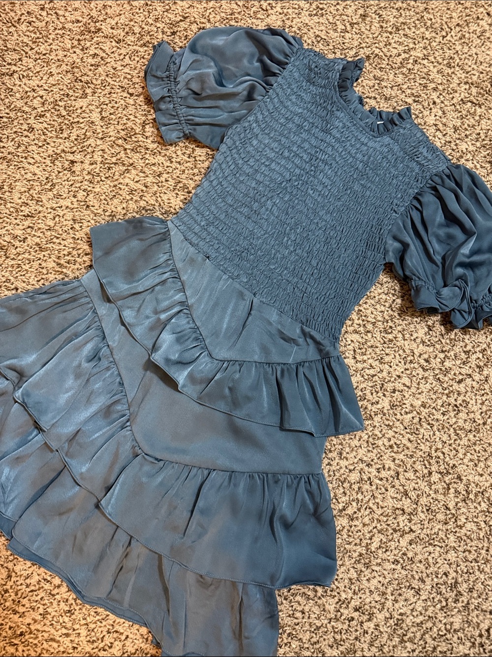 Karlie Slate Blue Smocked Puff-Sleeve Tiered Dress